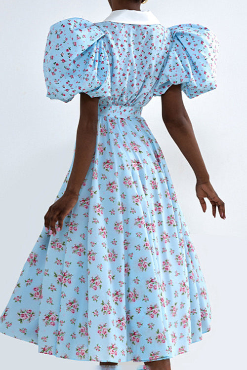 Kleid mit Puffärmeln, Kragen, hoher Taille, Knopfleiste und A-Linie mit Blumenmuster