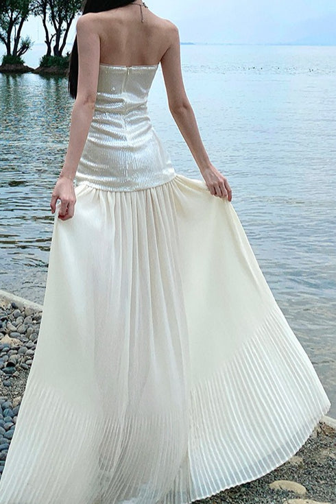 Pailletten-Patchwork Trägerloses Fließendes Maxikleid