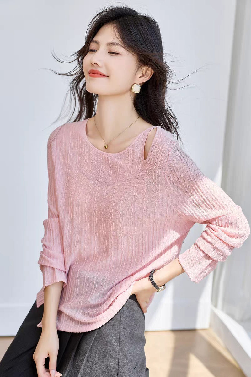 Yaohua Xiyan French Elegant Wool Openwork Ribbed Knit Top