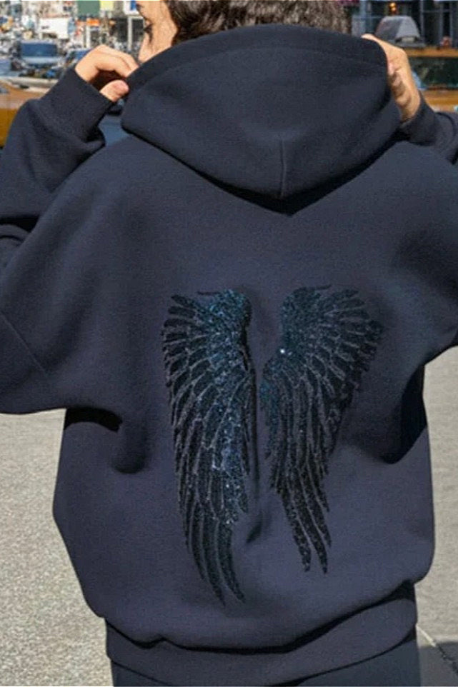 Solid Sequin Wing Graphic Relaxed Hoodie