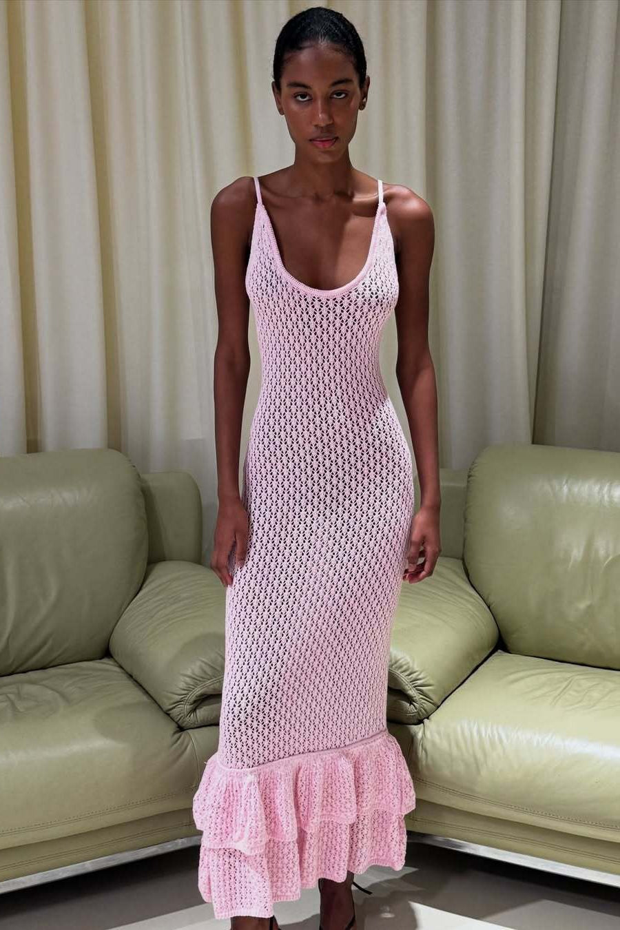 Vestido largo de punto con volantes bohemio, sexy, con recortes y tirantes transparentes