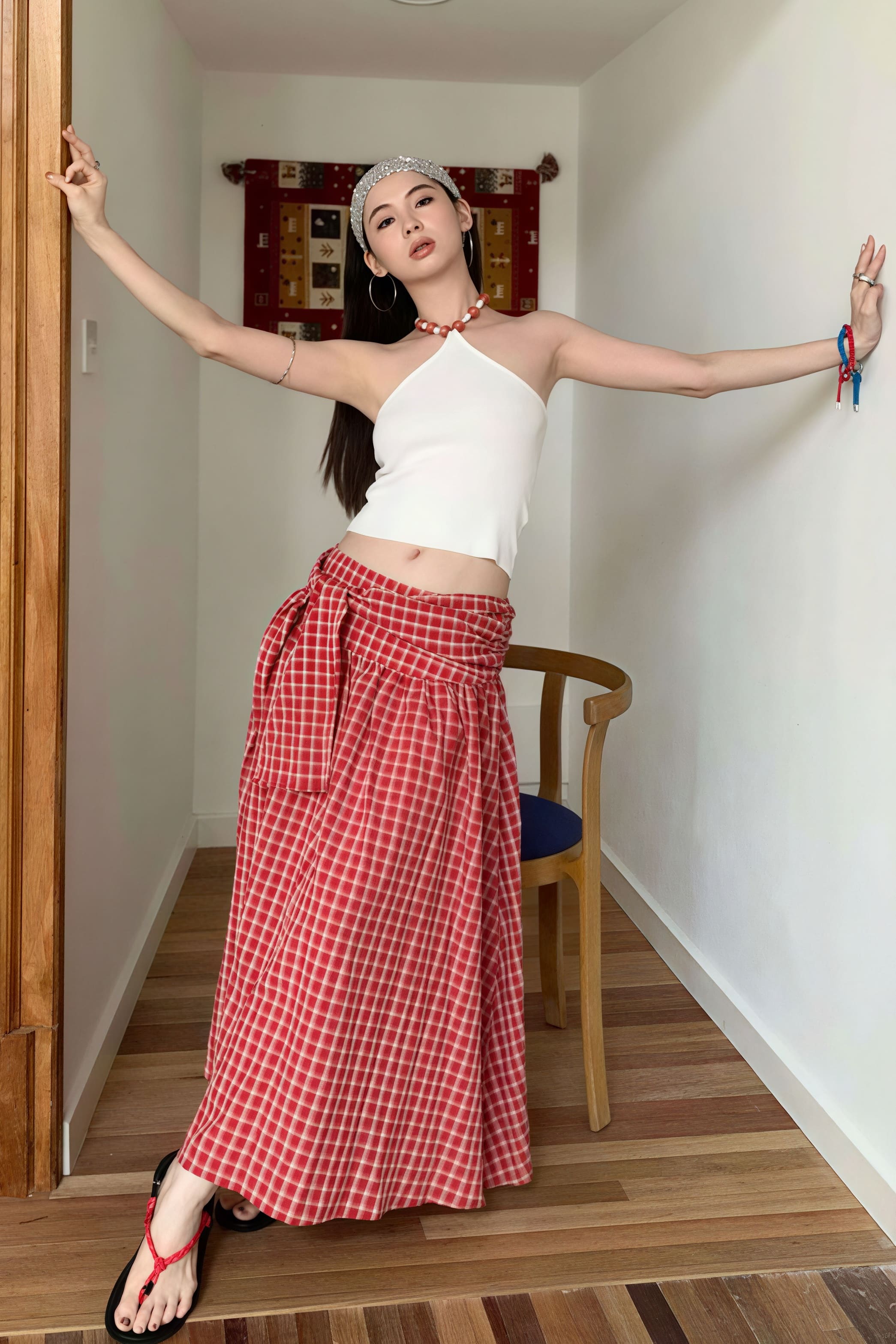 Color Block Plaid Tie Side Zip Loose Skirt