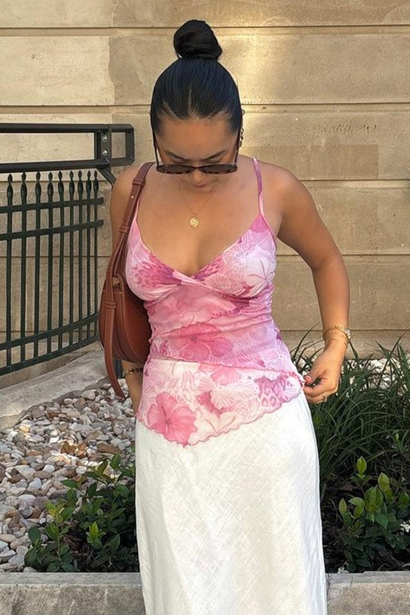 Floral Trim Chiffon Waist Cinched Padded Cami Top