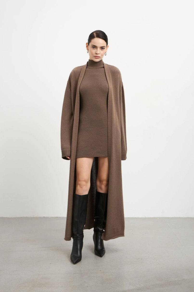 Knit Tank Dress Fitted Long Cardigan Two Piece Set