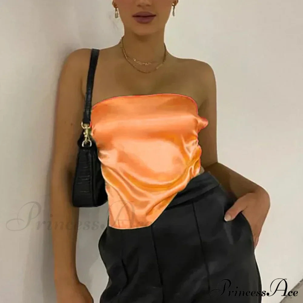 Satin Backless Crop Women Green Summer Cami Bandage Sleeveless Strapless Off Shoulder Tank top