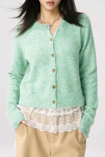 Green Knit Cuffed Solid Chic Cardigan