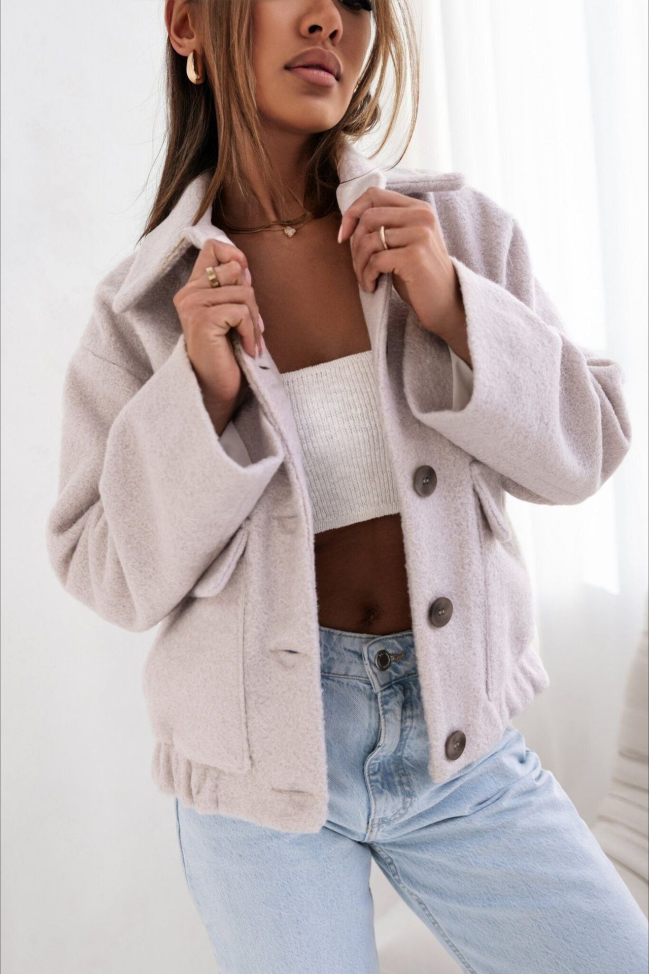 Abrigo de Lana Sólida a la Moda con Bolsillo, Elástico y Broche