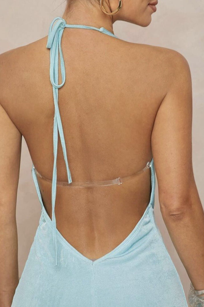 Maxikleid mit tiefem V-Ausschnitt, gerafftem Träger, Metallbesatz und rückenfrei