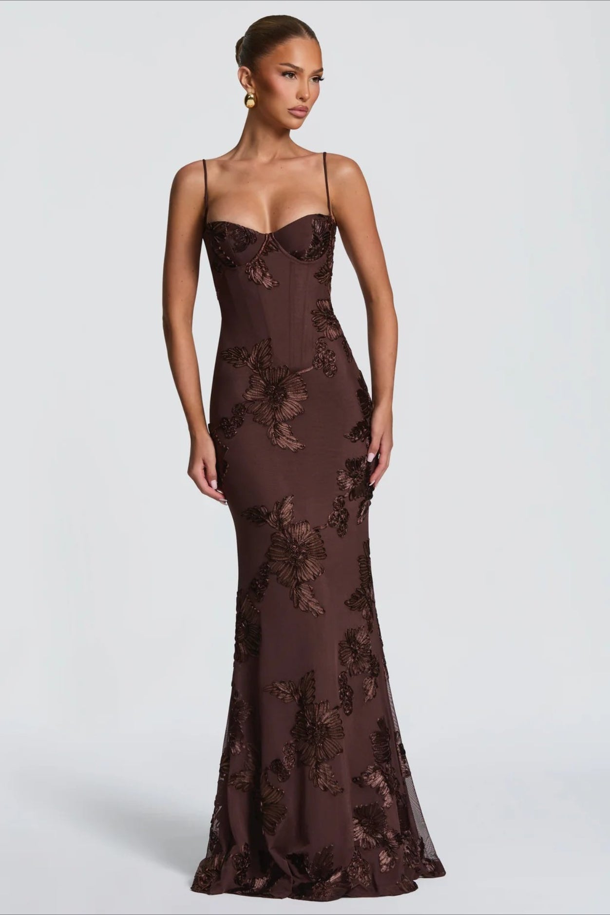 3D Applique Bone Pad Tie Back Solid Prom Dress