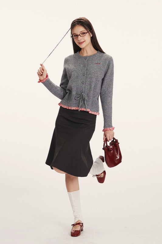 Panel-Design Waist-Cinched Slim Knit Cardigan