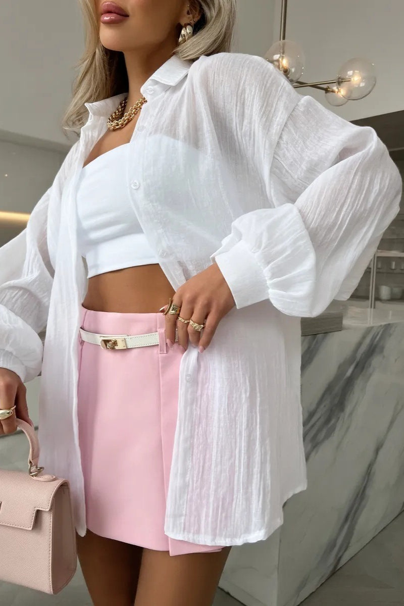 Blusa Casual Chic de Manga Longa e Cor Sólida