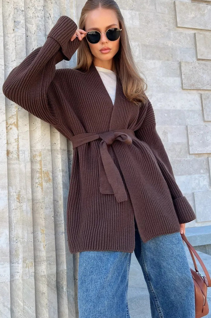 Cardigan tricoté décontracté à ceinture nouée confortable