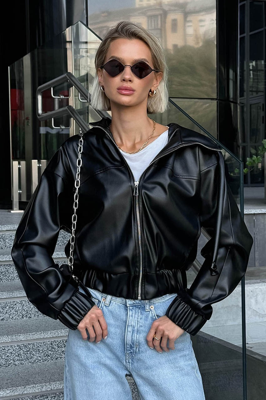 Black Faux Leather Hooded Loose Streetwear Jacket