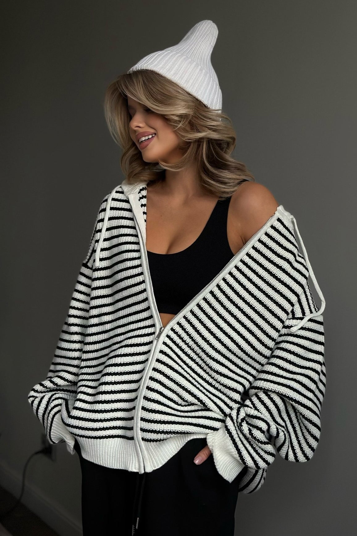 Retro Color Block Loose Zip Knit Cardigan