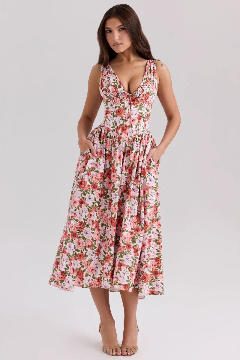 Slim V Neck Spaghetti Strap Floral Dress
