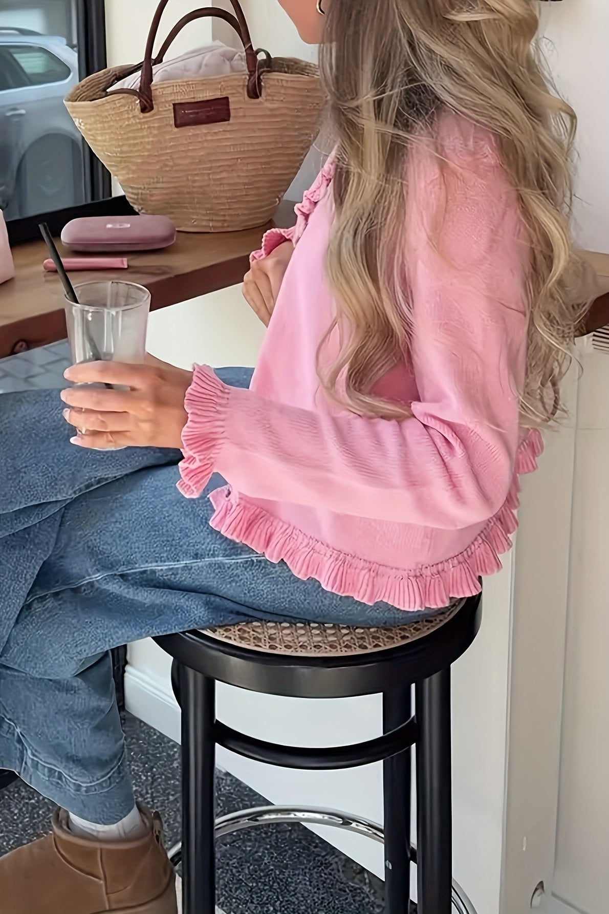 Cárdigan de punto de manga larga con encaje relajado sólido