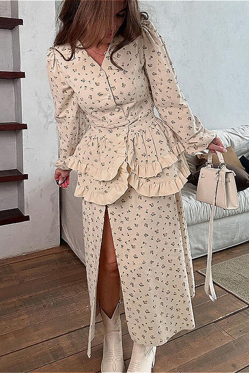 Elegantes florales Kleid mit Puffärmeln, V-Ausschnitt, Rüschen, Gürtel und Schlitz