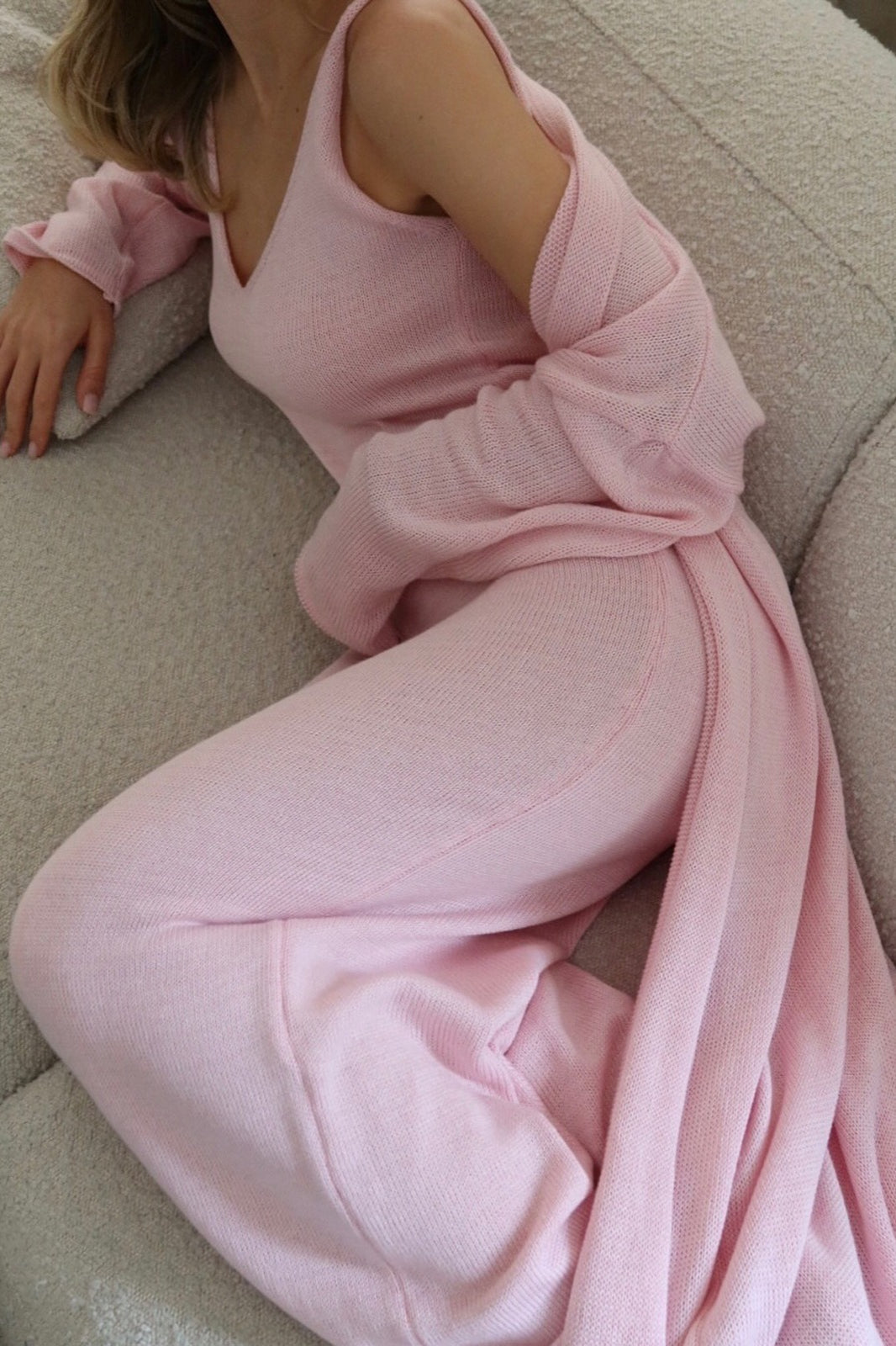 Solid V Neck Cotton Knit Bodycon Two Piece Set