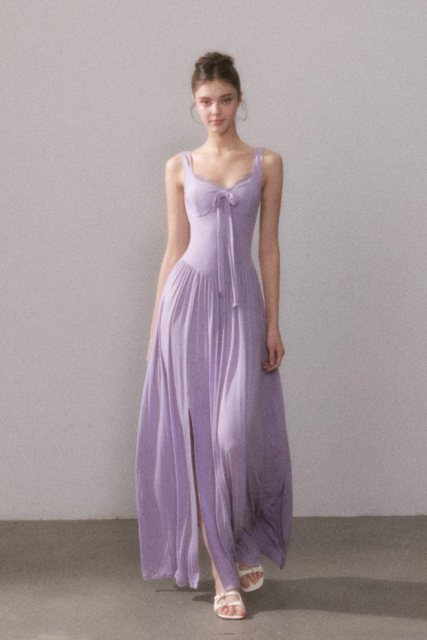 Spitzenstrick-Trägertop mit Schlitz, fließendes Maxikleid