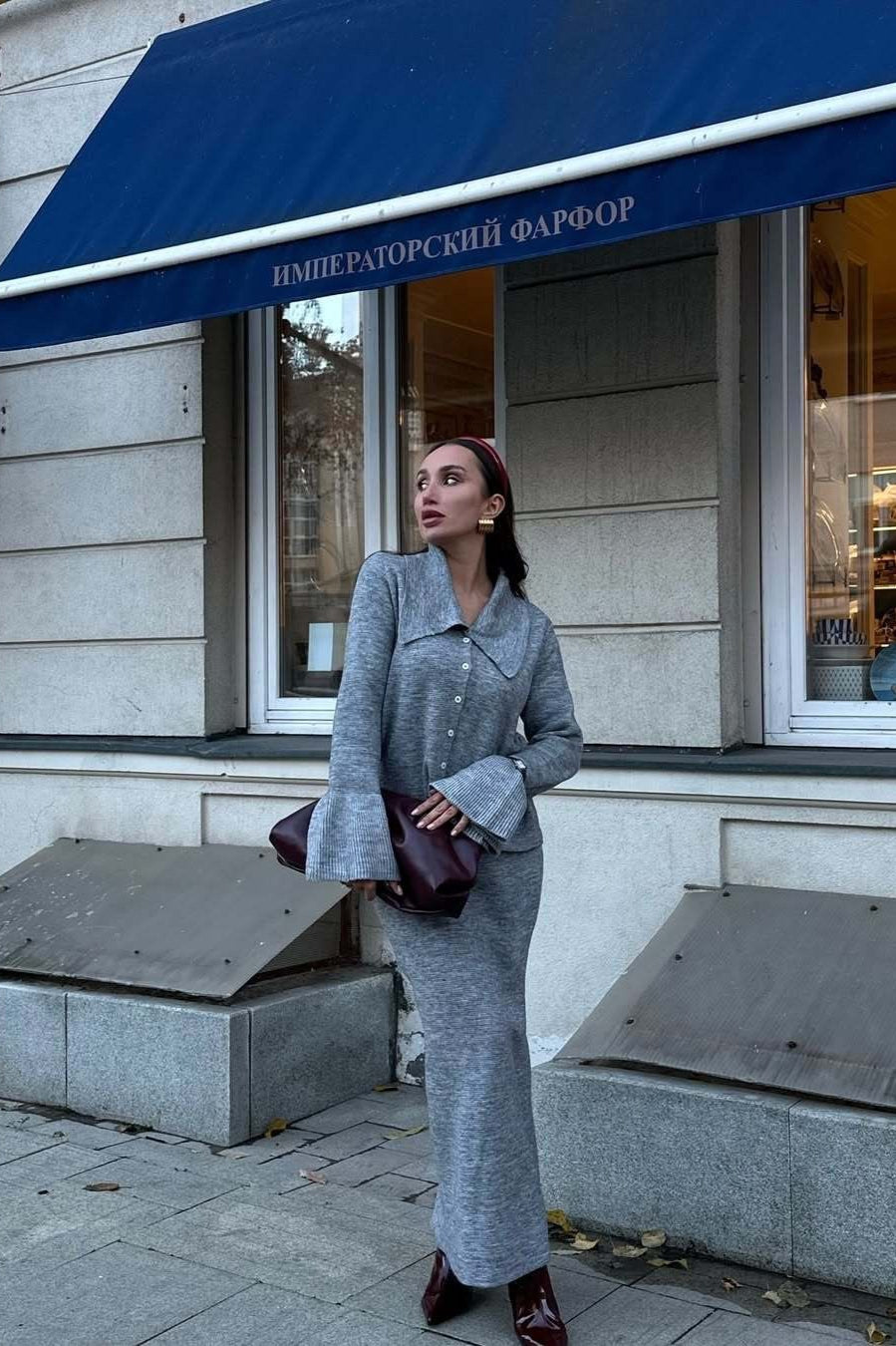 Bell-Sleeve Pink Polo Collar Cardigan Straight Skirt Two Piece Set