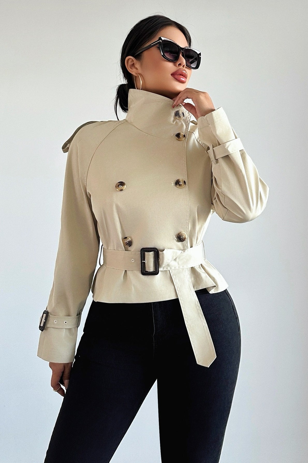 Collared Belted Buckle Short Trench Casual Women Jacket