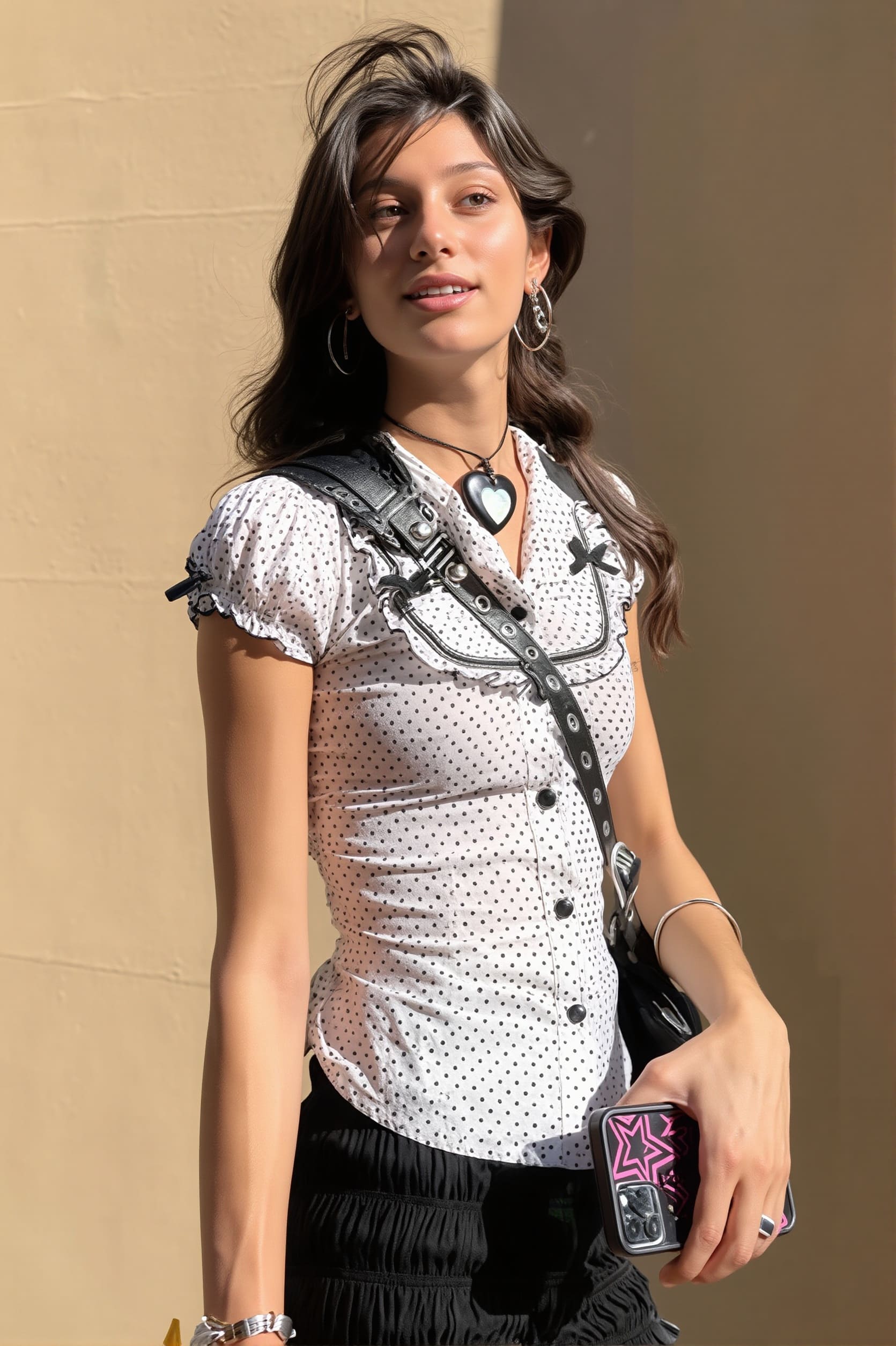 Lapel Button Bow Polka Dot Blouse