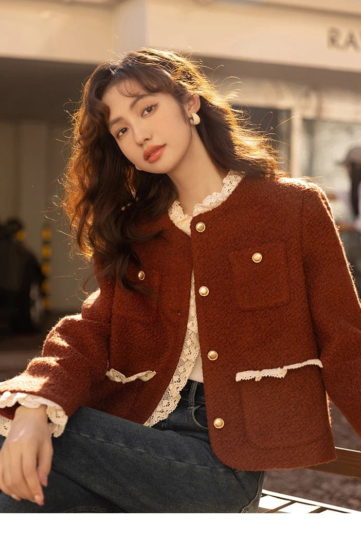 Retro Lace Splicing Wool Jacket