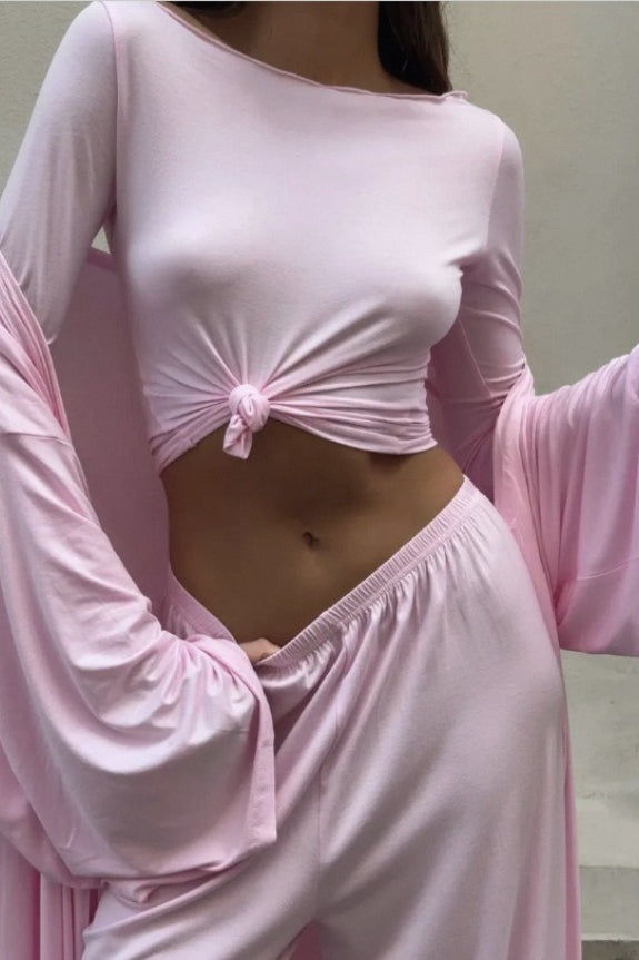 Solide Strickfließender Langarm-Morgenmantel Dreiteiliges Set