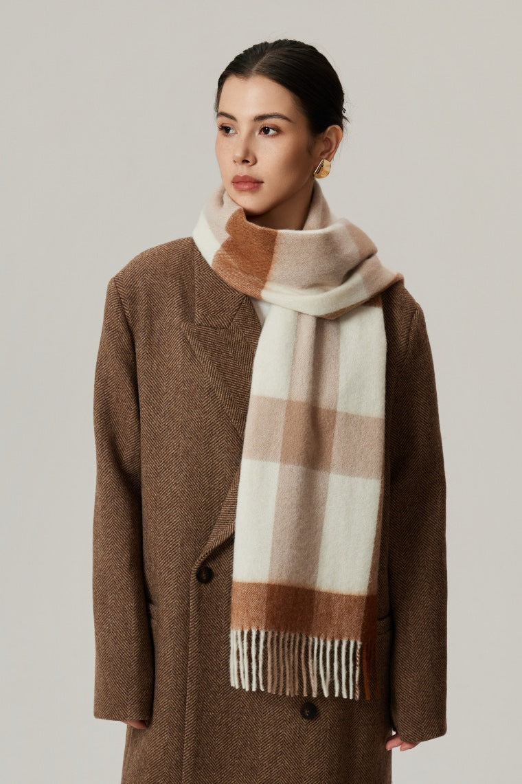 100% Wool Plaid Fringed Minimalist Scarf