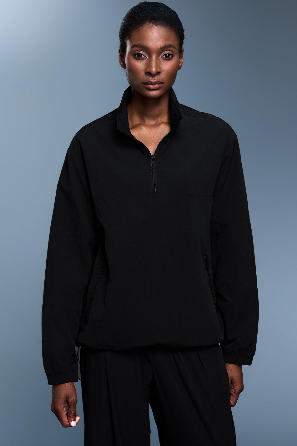 Sweat-shirt ample uni à demi-fermeture éclair sportif