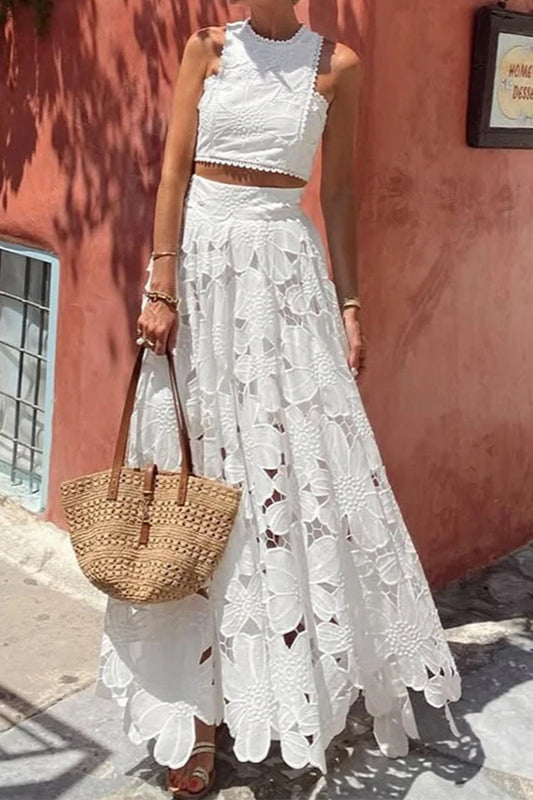 Krajkové průstřihy volné plážové dvoudílné bohémské šaty