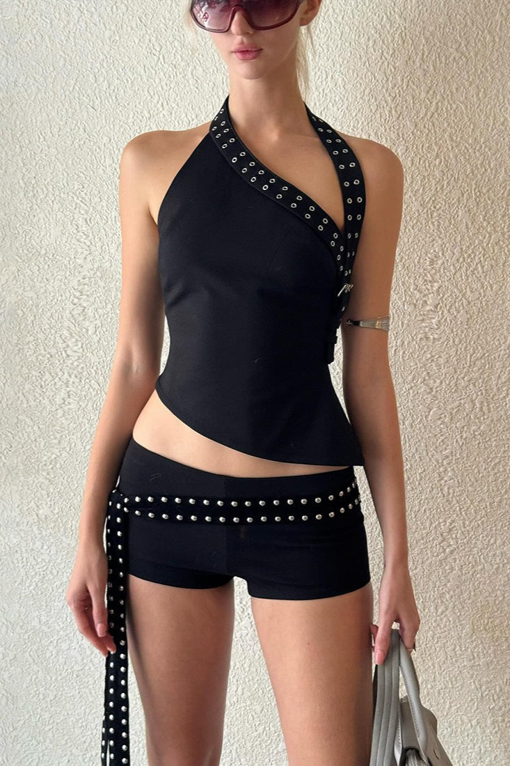 Chic Asymmetric Shoulder Slim Shorts Two Piece Set