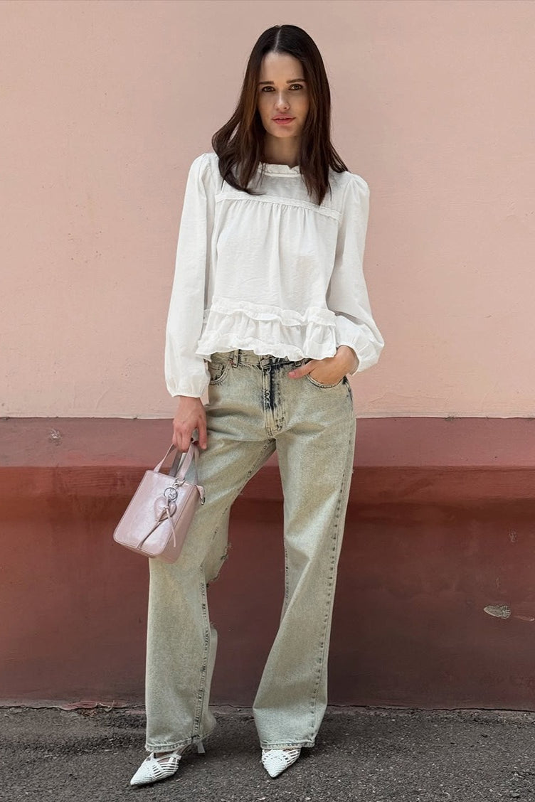 Round Neck Ruffled Ruched Loose Blouse