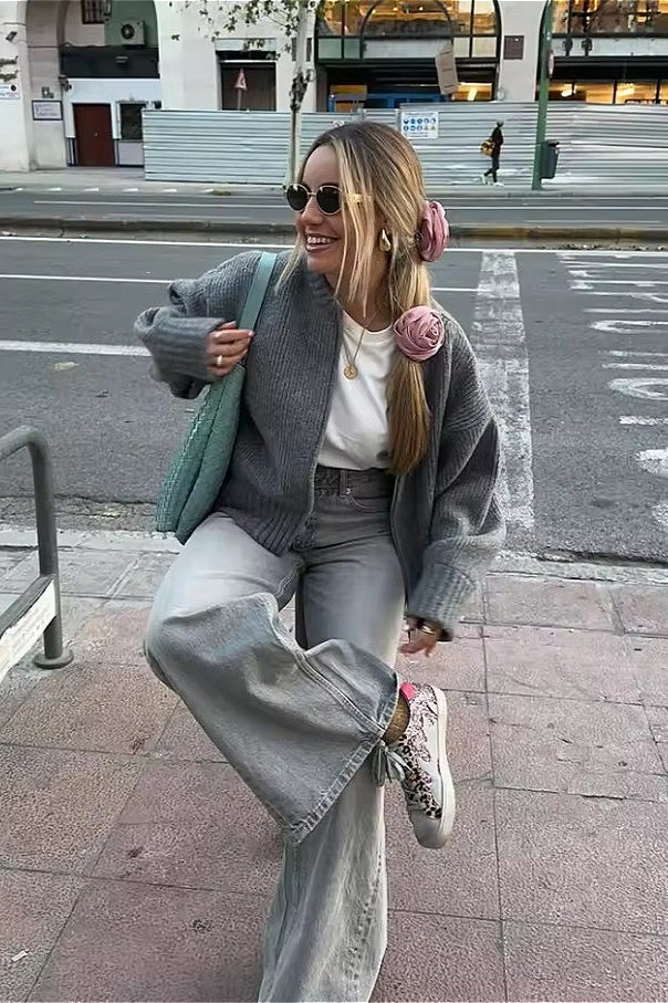 Crew-Neck Long-Sleeve Zip Solid Knit Cardigan