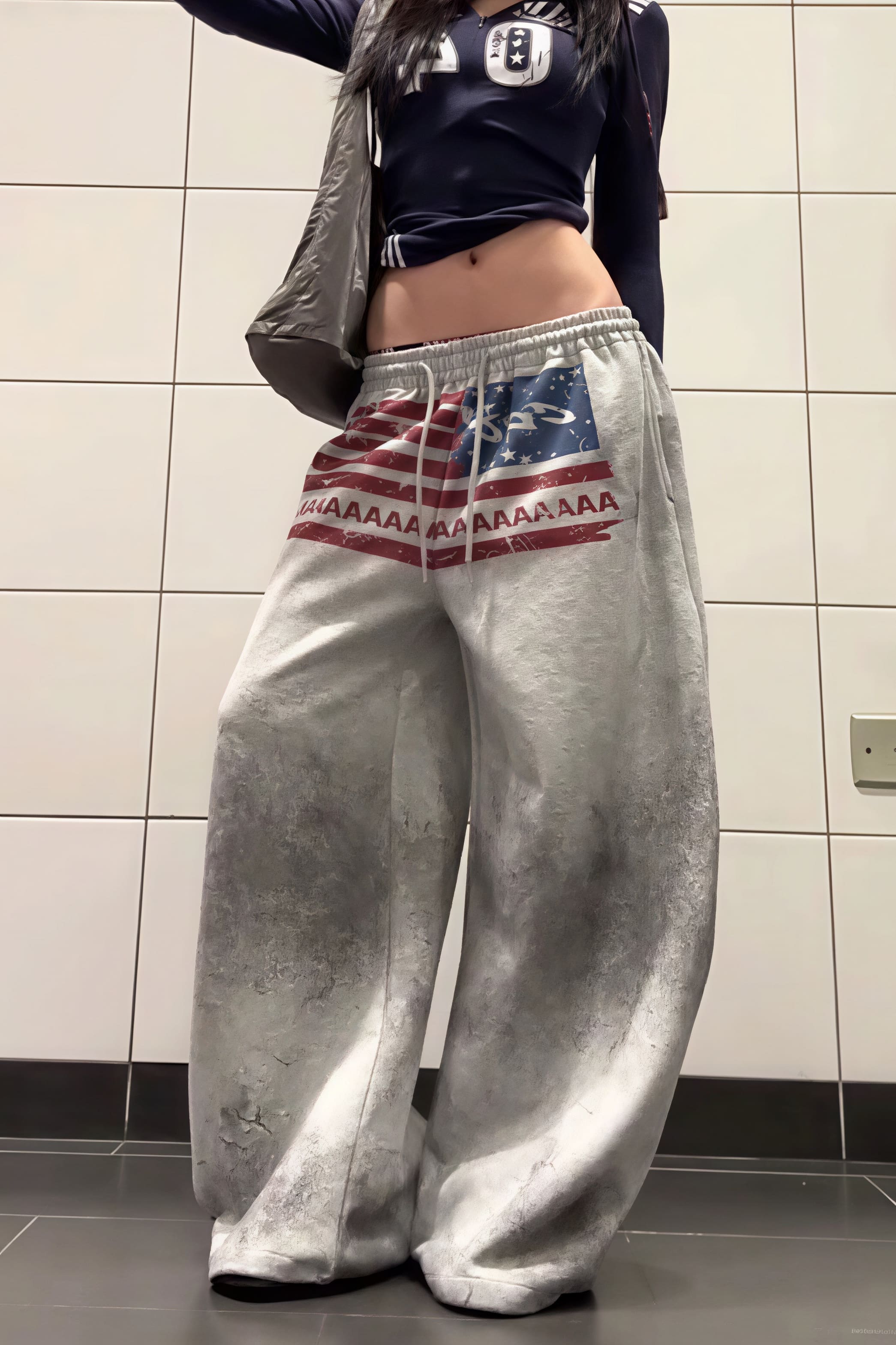 Pantaloni larghi grigi retrò con coulisse e stampa grafica