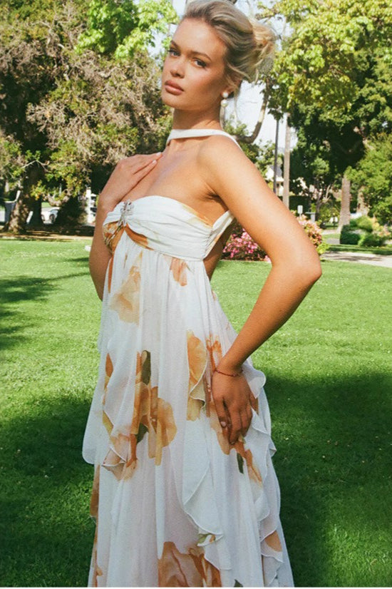 Floral Backless Halter Maxi Dress