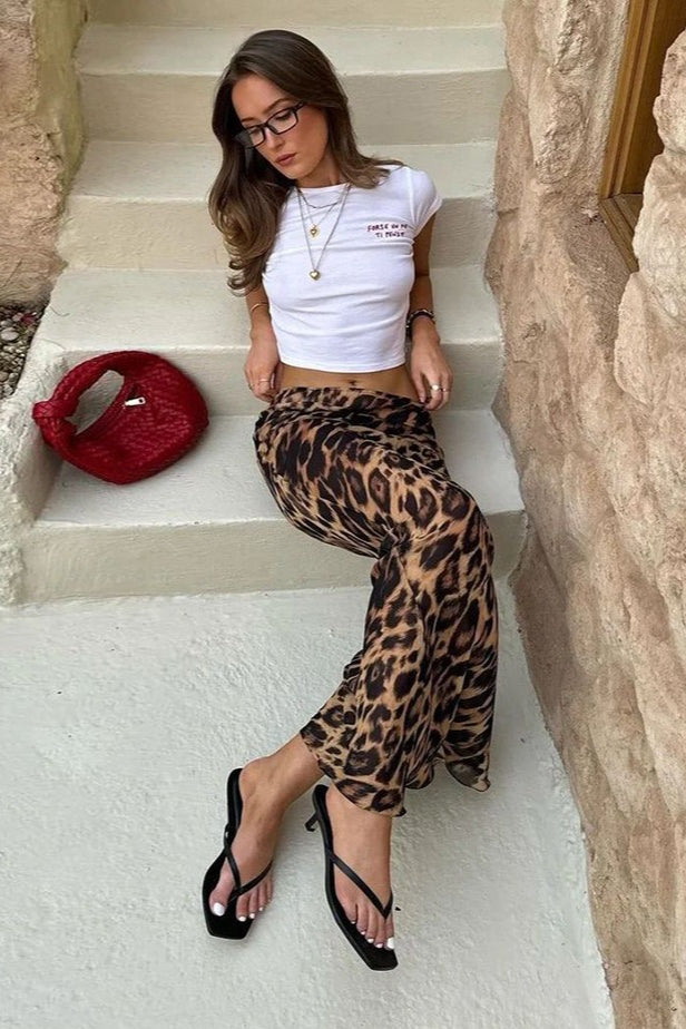 Falda larga sirena de gasa con estampado de leopardo y diseño sensual