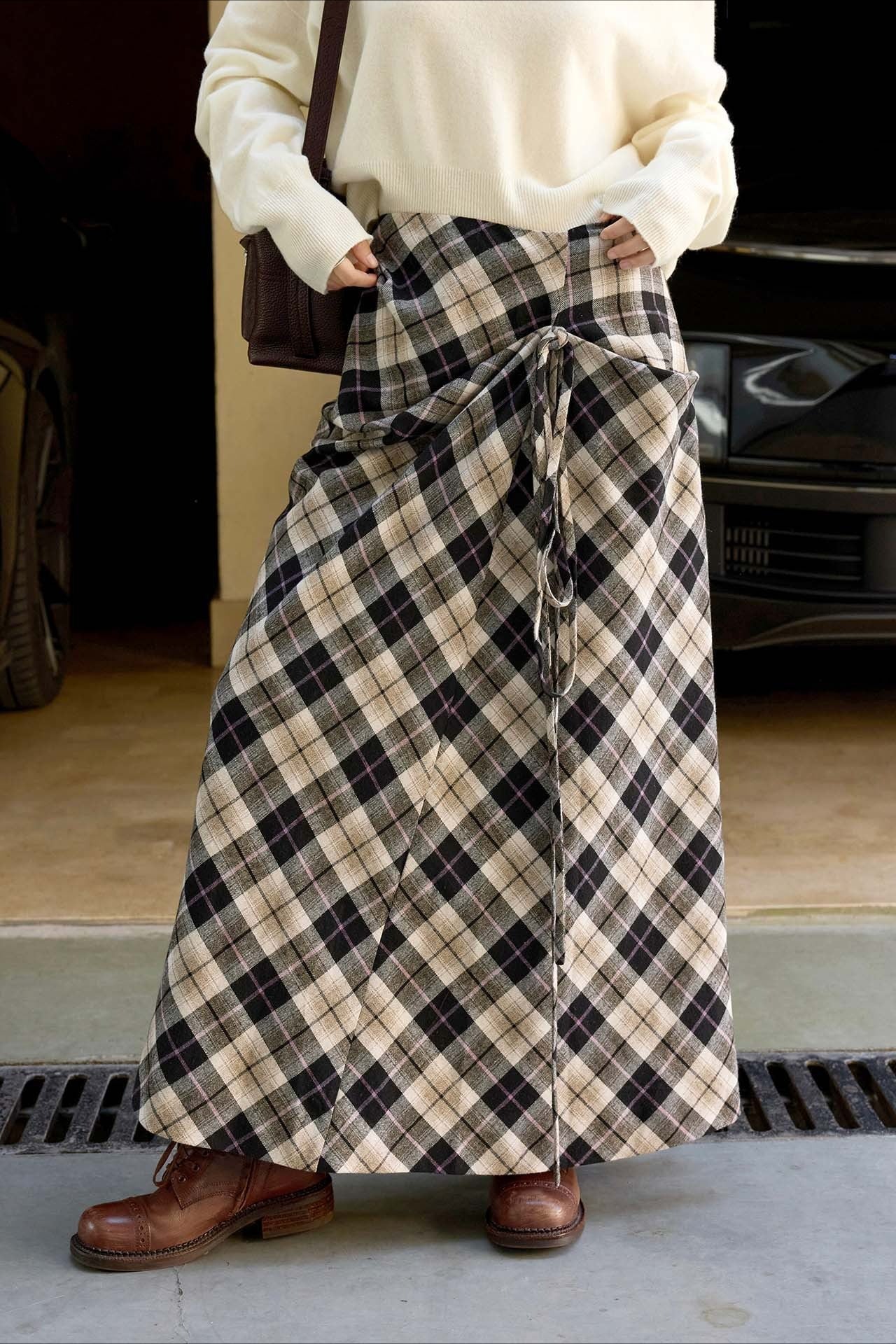 Asymmetric Color Block Plaid Midi Skirt