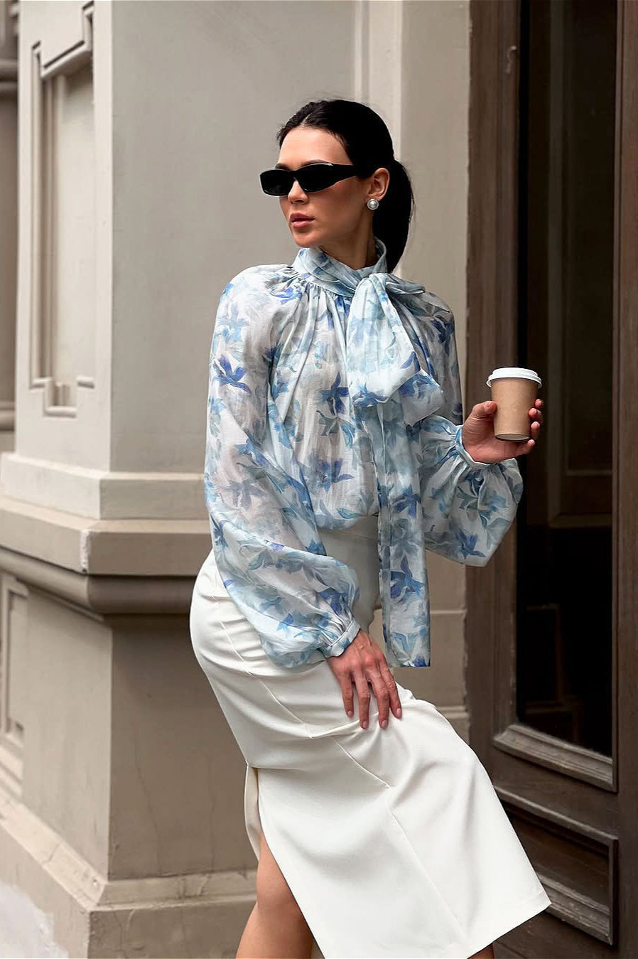 Elegant Tie Lantern Sleeve Floral Blouse