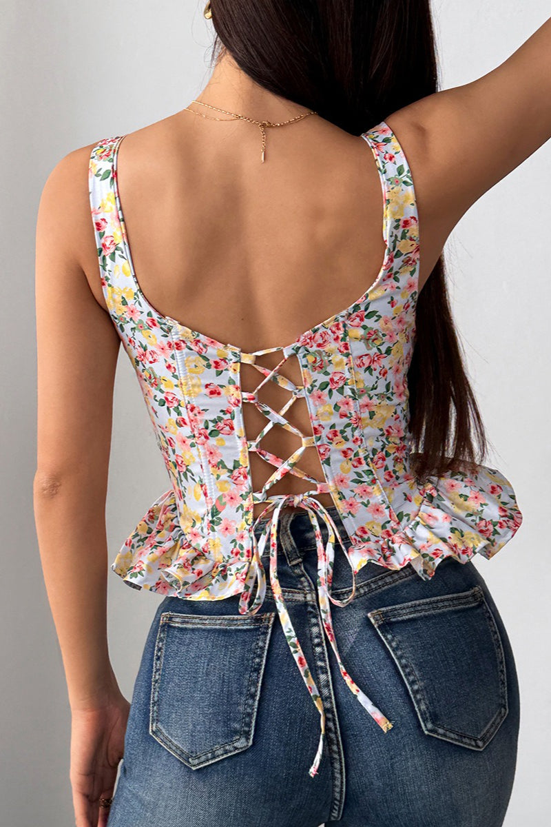 Floral Tie Adjustable Boned Ruffled Tank Top