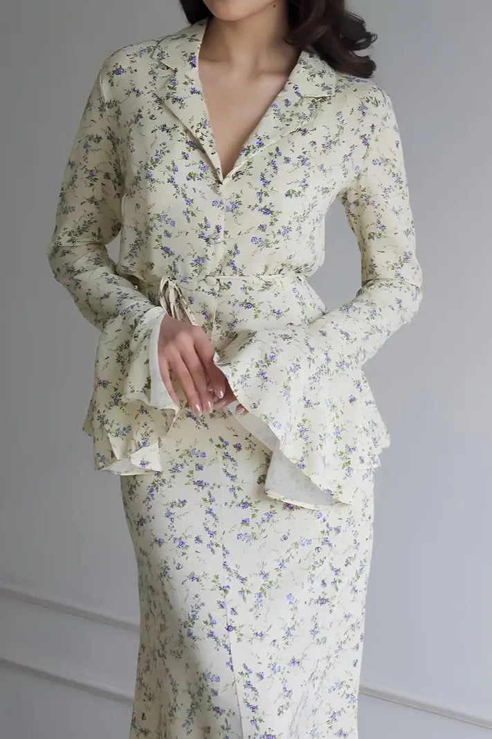 Long Sleeve Small Floral Waist Cinch Top Midi Skirt Two Piece Set