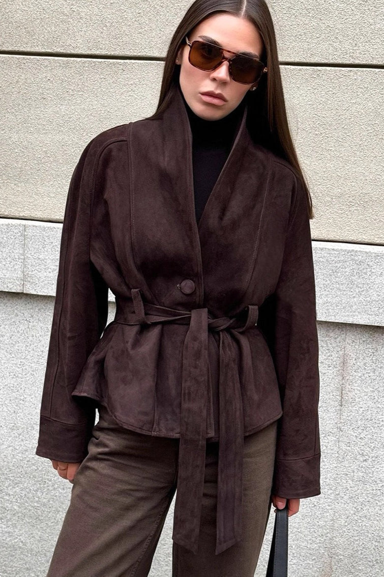 Giacca vintage in pelle scamosciata a maniche lunghe