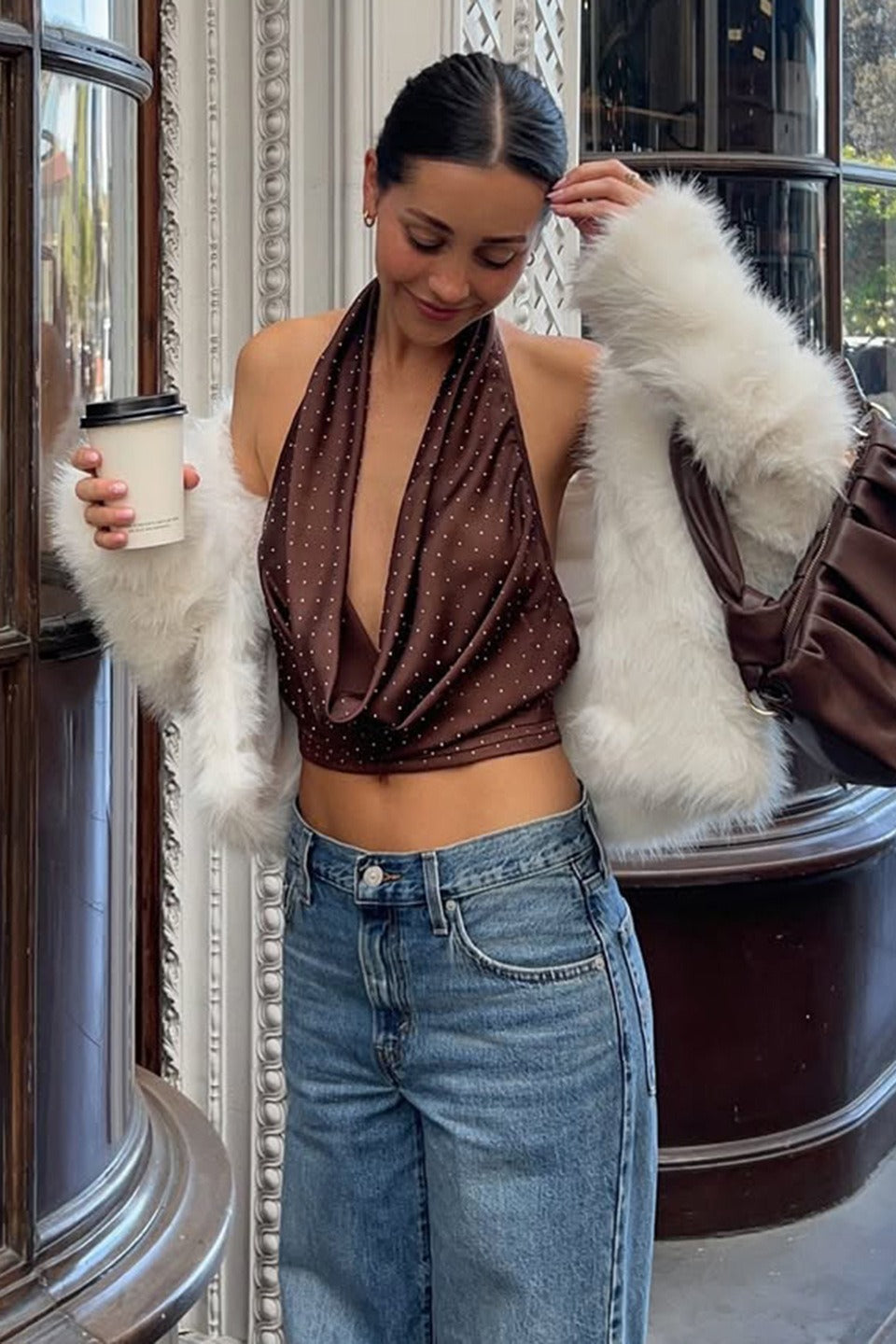 Haut court dos nu à bretelles nouées avec blocs de couleurs à pois