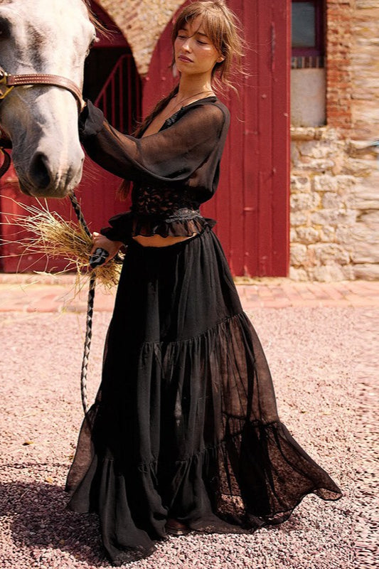 Sexy Lace Chiffon Sheer Tie Skirt Set