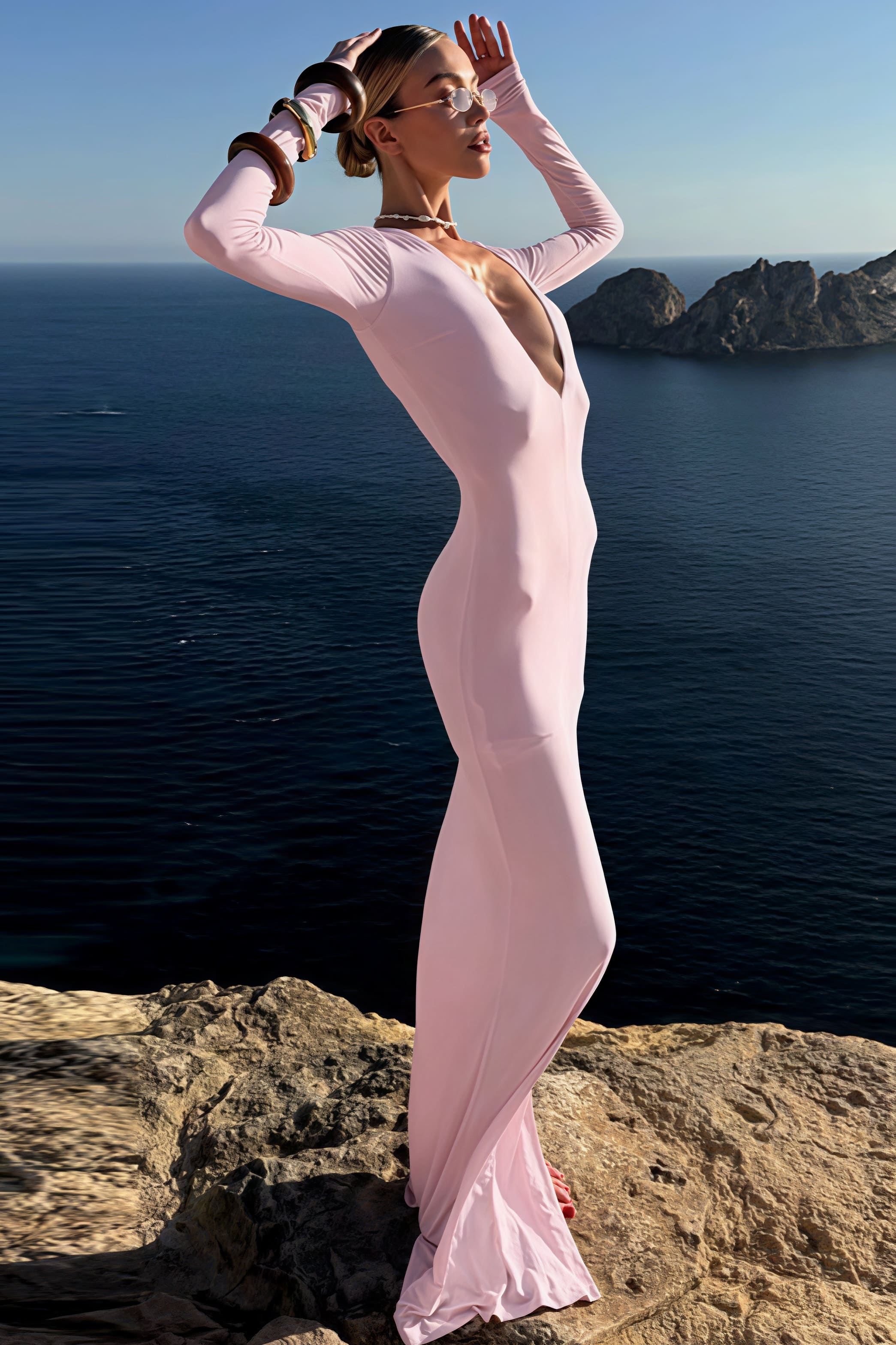 Elegant Sexy Deep V-Neck Long Sleeve Bodycon Maxi Dress