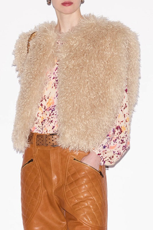 Chaleco con cuello de piel vuelta y espalda descubierta tipo halter