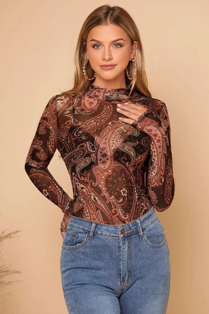 Paisley Print Stand Collar Mesh Long Sleeve Blouse
