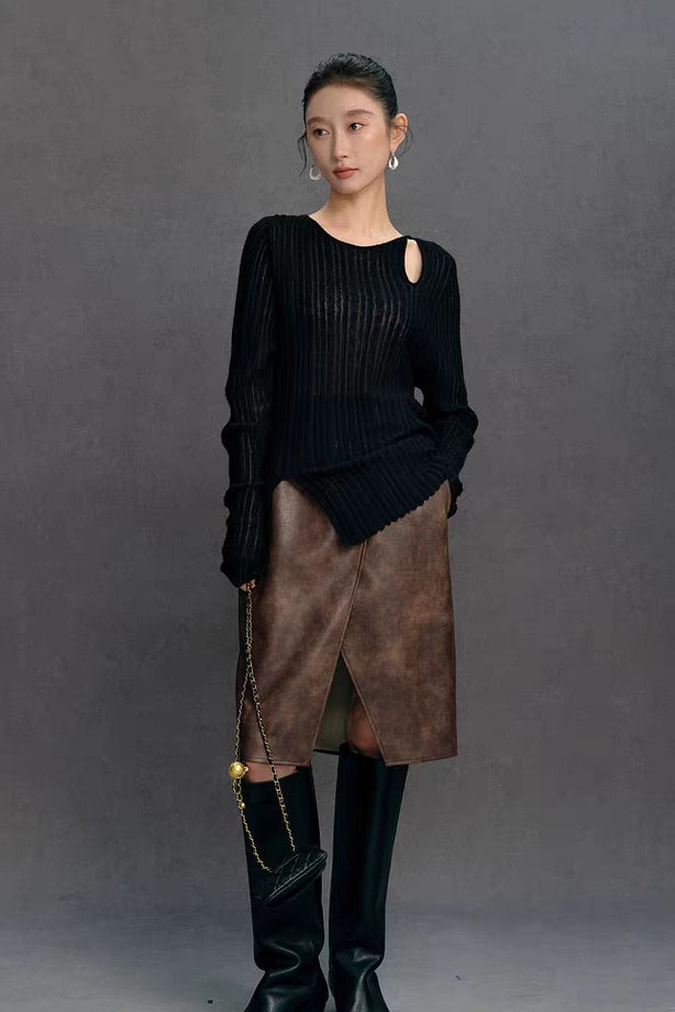 Yaohua Xiyan French Elegant Wool Openwork Ribbed Knit Top
