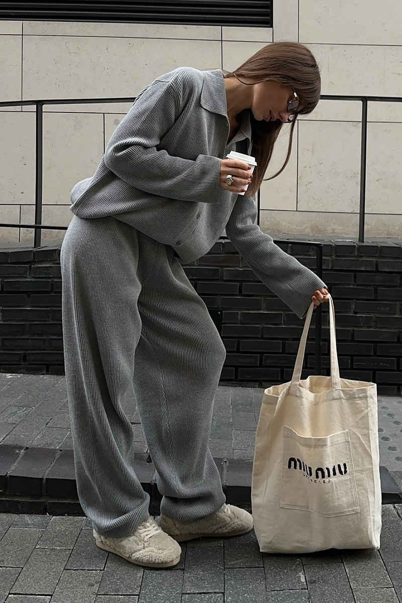 Knit Ribbed Collar Long Sleeve Loose Two Piece Set