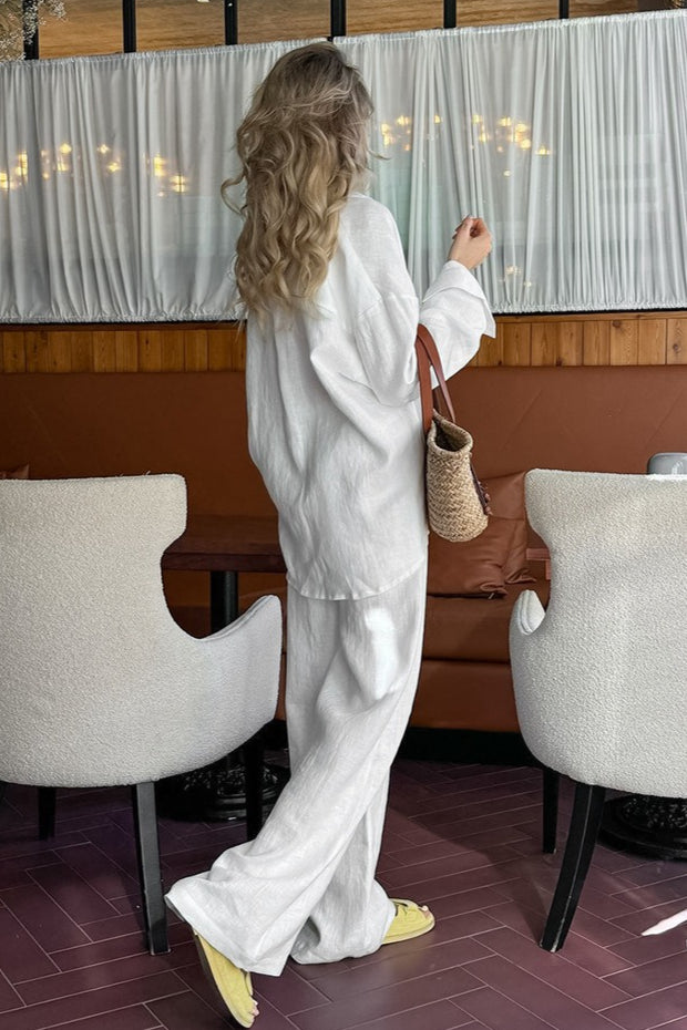 Freizeit-Leinenhemd und gerade geschnittene Hose Zweiteiler-Set